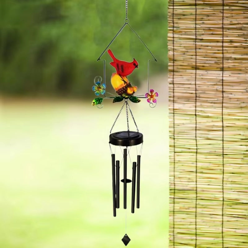 Decorative solar wind chime with red cardinal and colorful flowers for garden decor