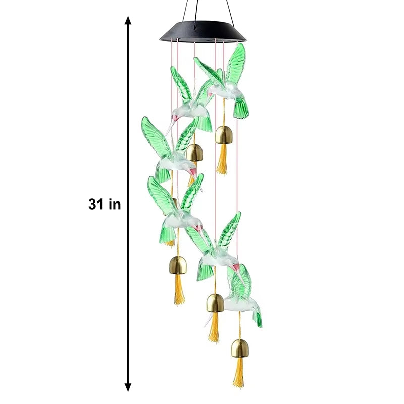 Solar Wind Chimes featuring green hummingbird decorations and brass bells for garden decor