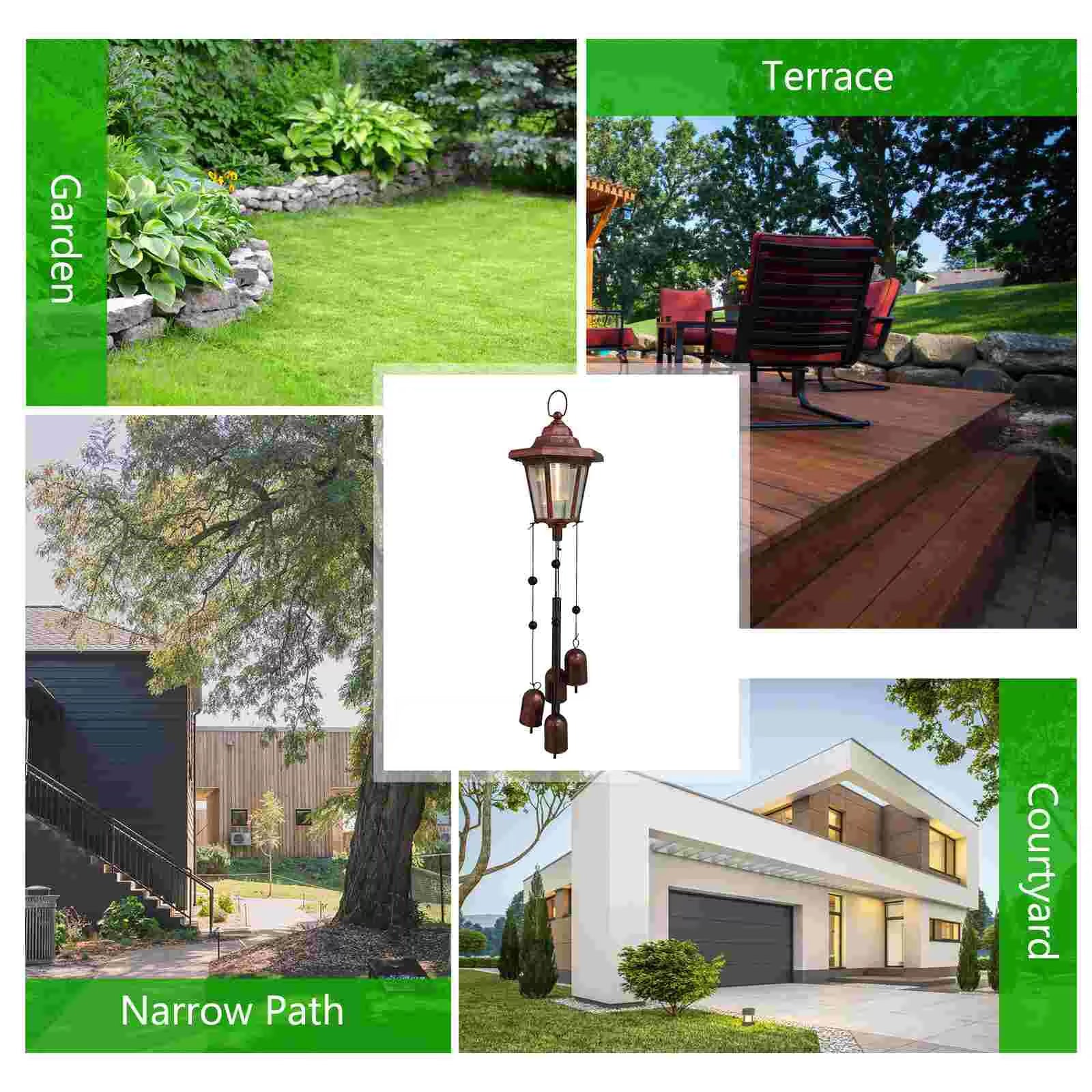 Collage of outdoor landscaping photos with green borders featuring Solar Wind Chimes