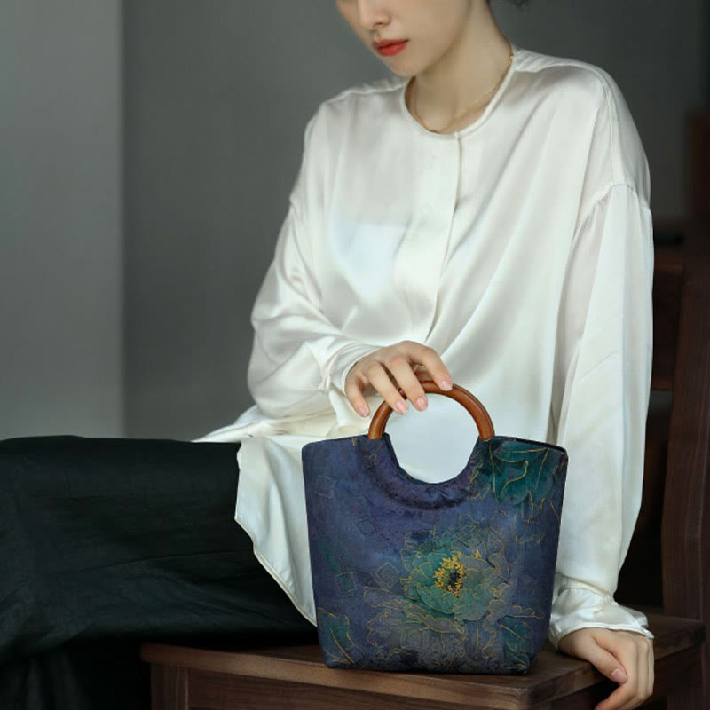 Blau-violette Pfingstrosentasche mit Griff aus massivem Holz und Bambusvogel-Design