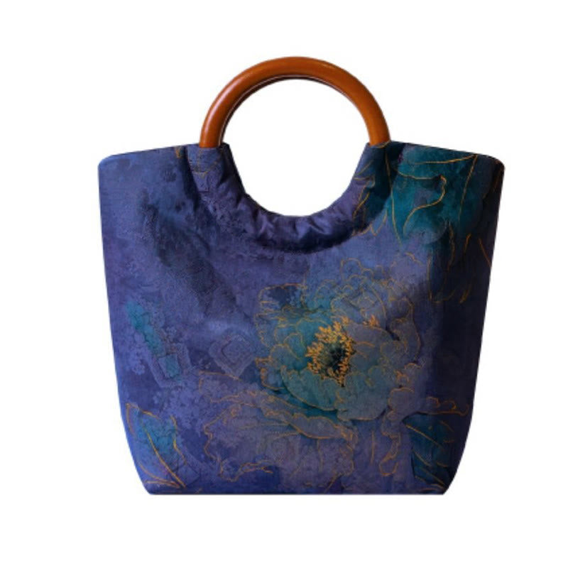 Blau-violette Pfingstrosentasche mit Griff aus massivem Holz und Bambusvogel-Design