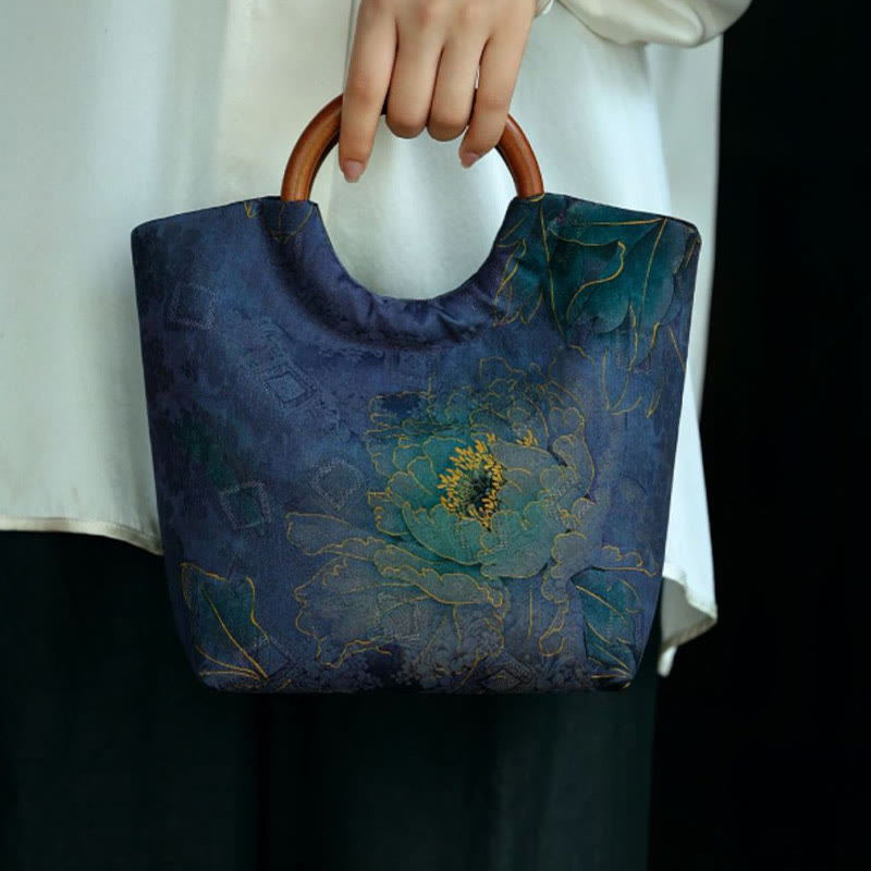 Blau-violette Pfingstrosentasche mit Griff aus massivem Holz und Bambusvogel-Design