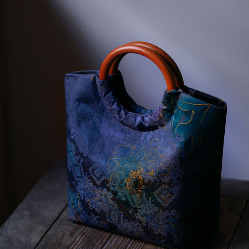 Blau-violette Pfingstrosentasche mit Griff aus massivem Holz und Bambusvogel-Design