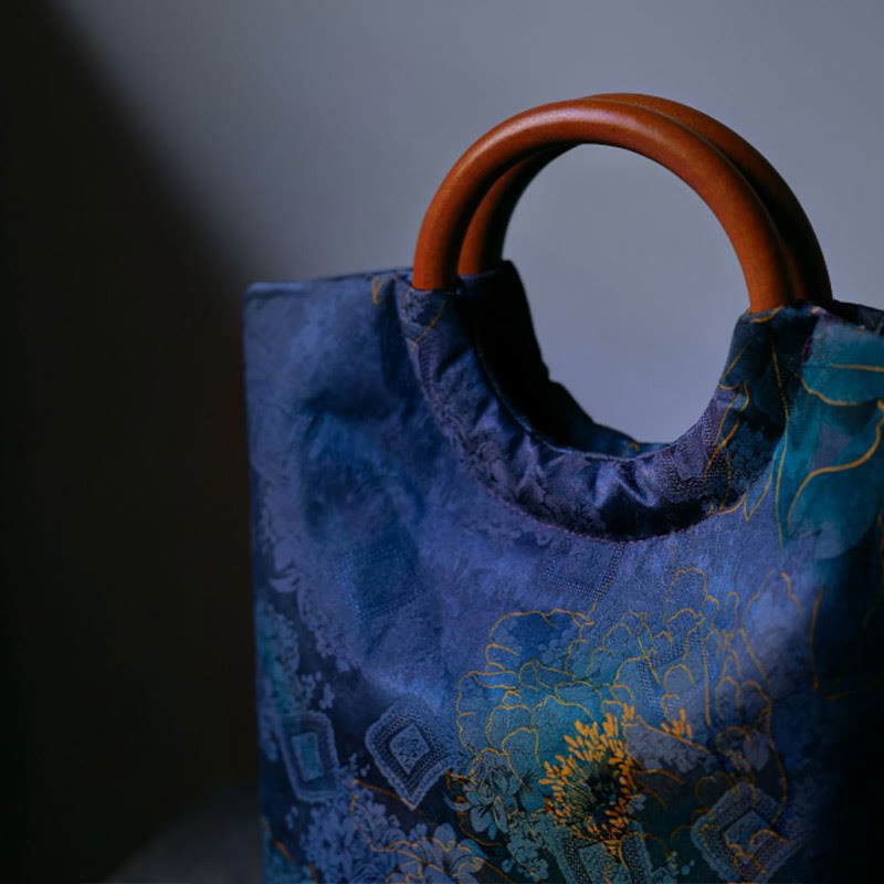 Blau-violette Pfingstrosentasche mit Griff aus massivem Holz und Bambusvogel-Design