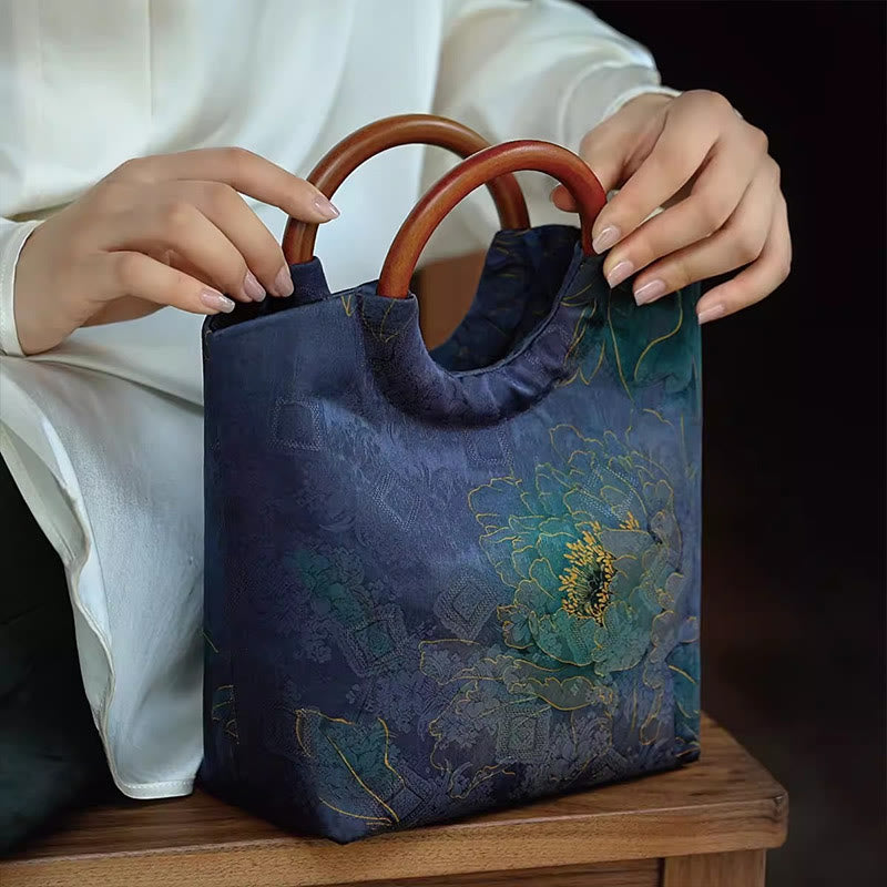 Blau-violette Pfingstrosentasche mit Griff aus massivem Holz und Bambusvogel-Design