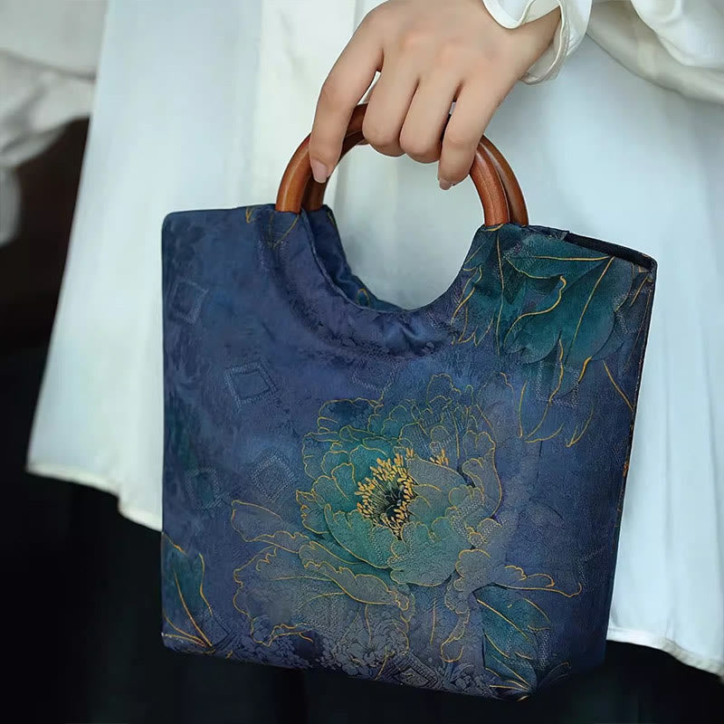 Blau-violette Pfingstrosentasche mit Griff aus massivem Holz und Bambusvogel-Design