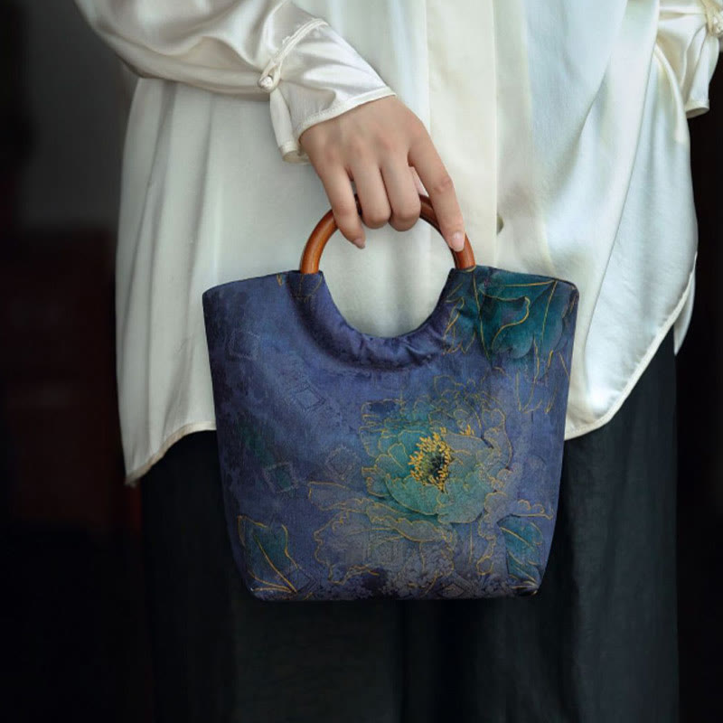 Blau-violette Pfingstrosentasche mit Griff aus massivem Holz und Bambusvogel-Design