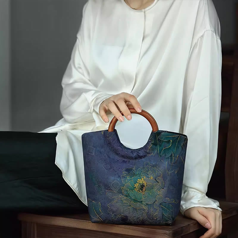 Blau-violette Pfingstrosentasche mit Griff aus massivem Holz und Bambusvogel-Design