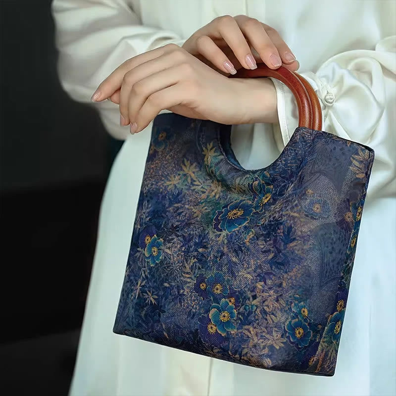 Blau-violette Pfingstrosentasche mit Griff aus massivem Holz und Bambusvogel-Design