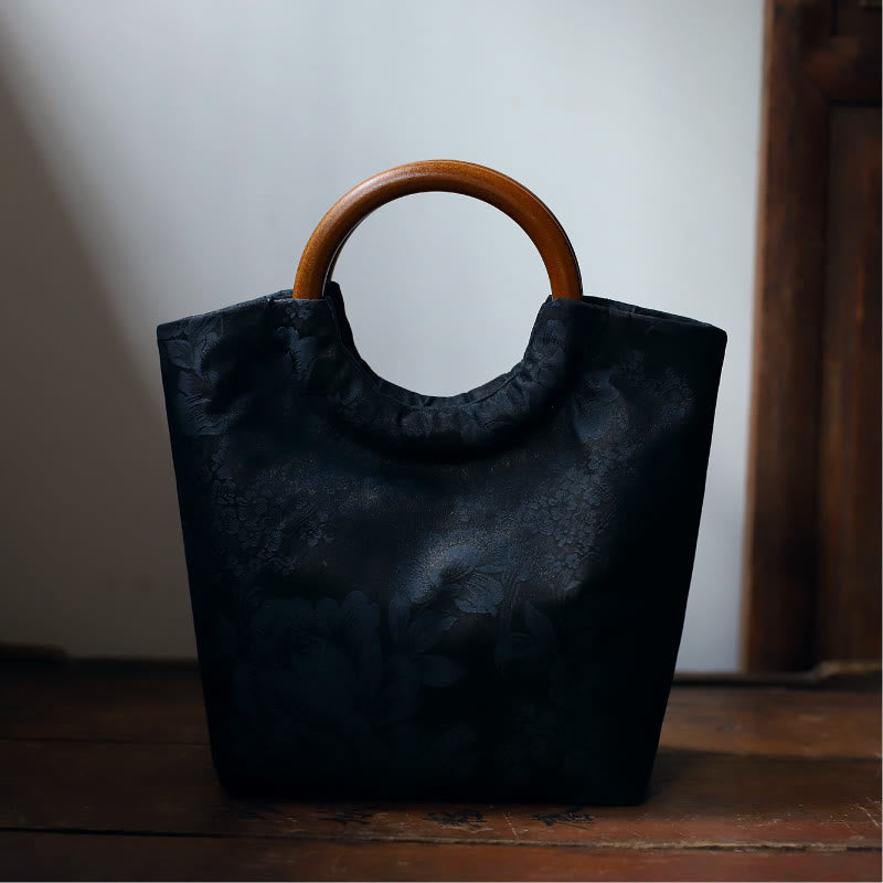 Blau-violette Pfingstrosentasche mit Griff aus massivem Holz und Bambusvogel-Design
