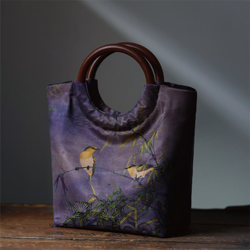 Blau-violette Pfingstrosentasche mit Griff aus massivem Holz und Bambusvogel-Design