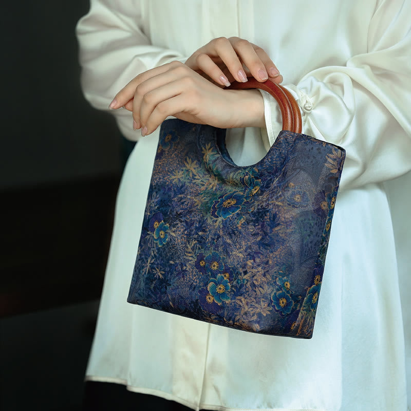 Blau-violette Pfingstrosentasche mit Griff aus massivem Holz und Bambusvogel-Design