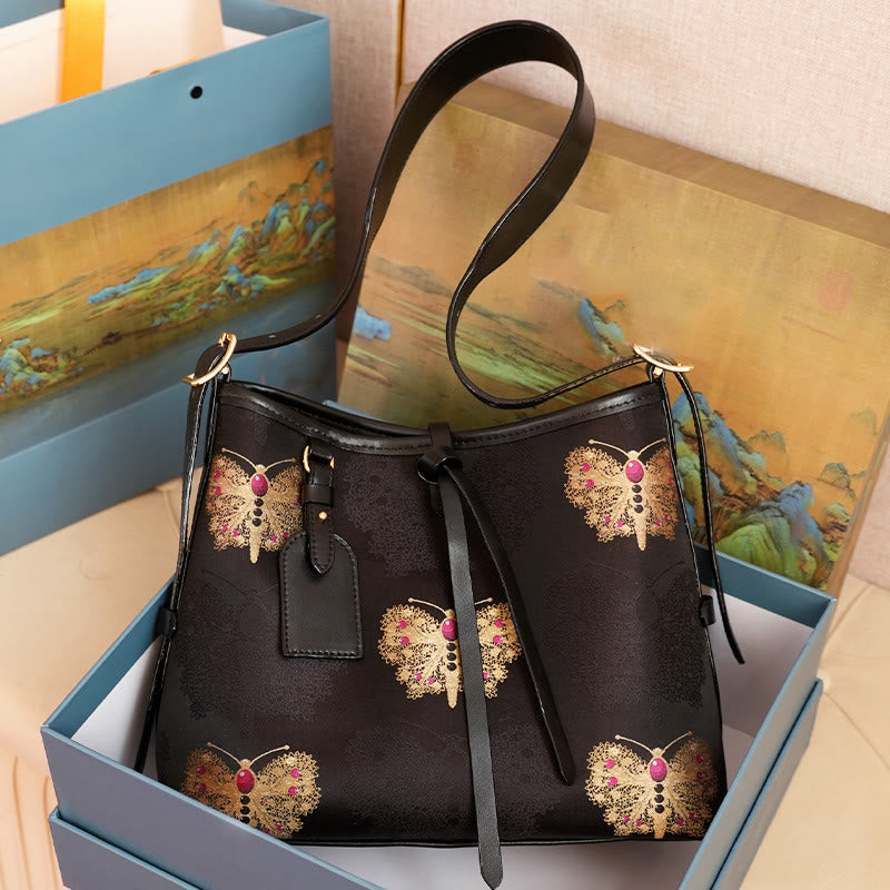 Song Brokat-Umhängetasche mit Kranich-Hirsch-Schmetterlings-Stickerei