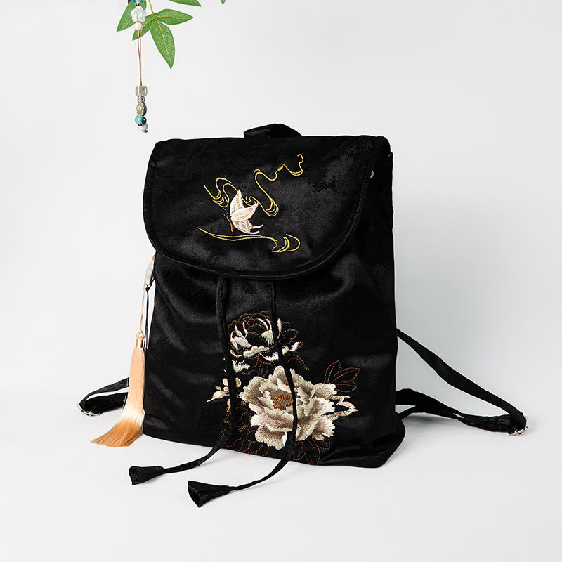Geräumiger Rucksack mit schwarzer Pfingstrose-Stickerei für Meditationszubehör