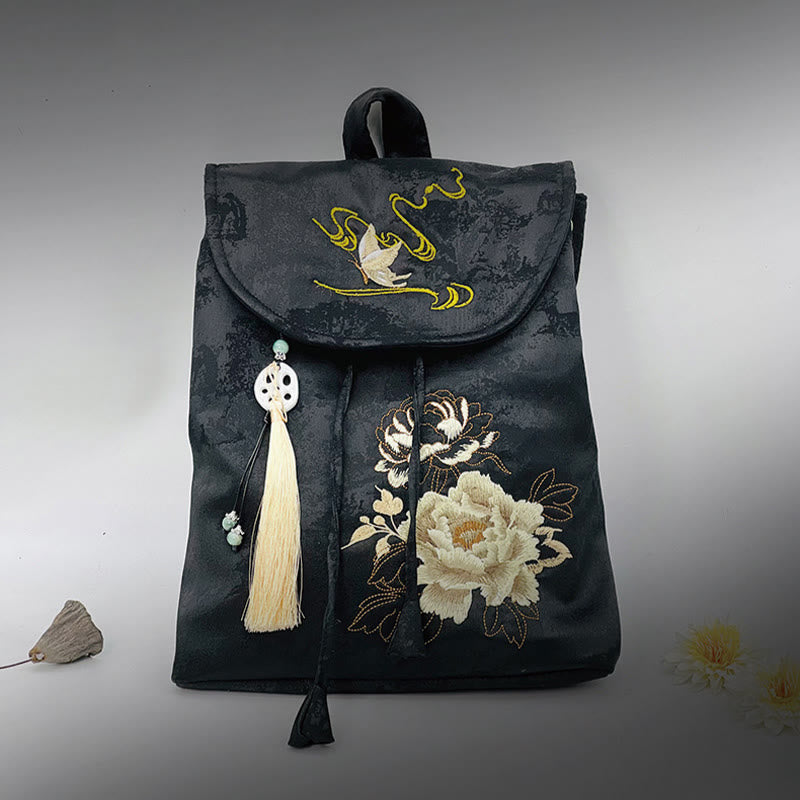 Geräumiger Rucksack mit schwarzer Pfingstrose-Stickerei für Meditationszubehör