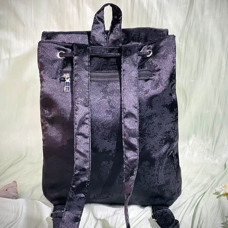 Geräumiger Rucksack mit schwarzer Pfingstrose-Stickerei für Meditationszubehör