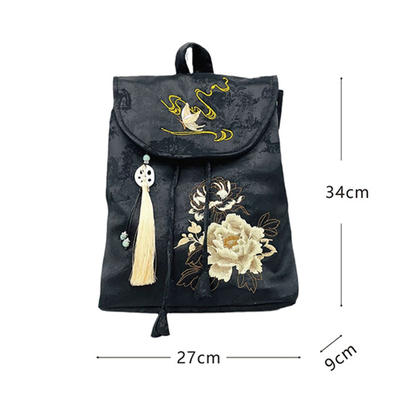 Geräumiger Rucksack mit schwarzer Pfingstrose-Stickerei für Meditationszubehör