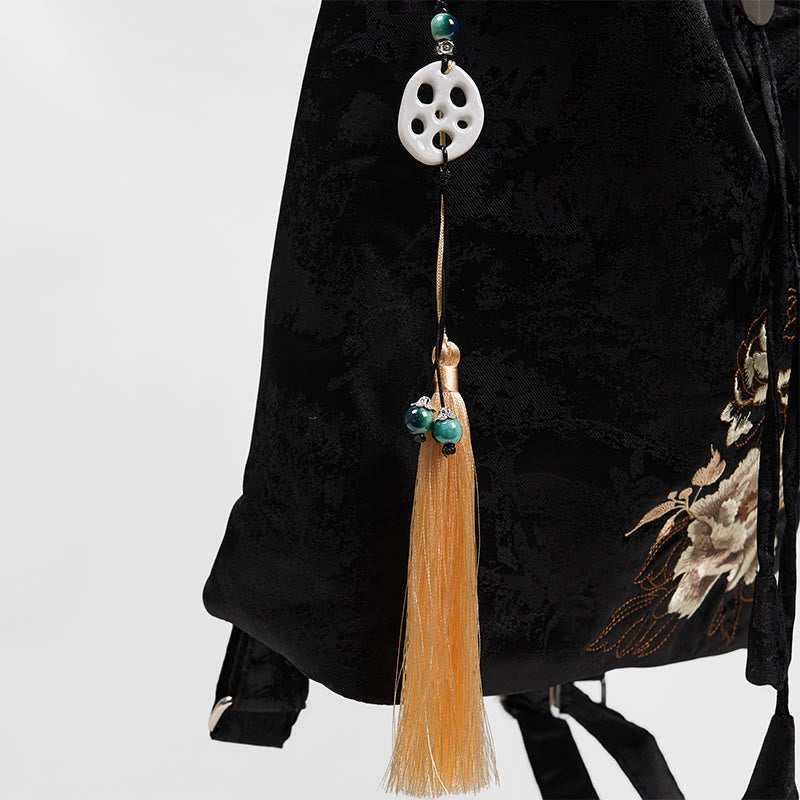 Geräumiger Rucksack mit schwarzer Pfingstrose-Stickerei für Meditationszubehör