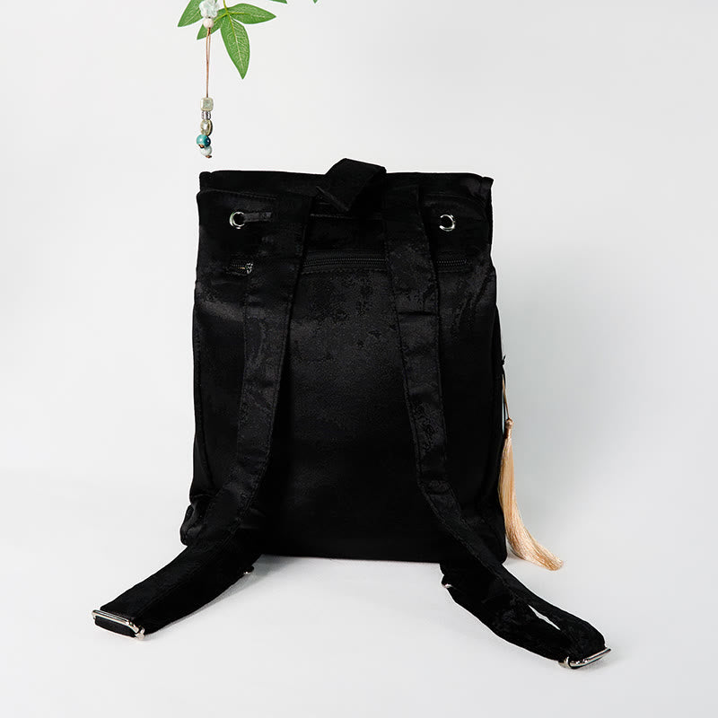Geräumiger Rucksack mit schwarzer Pfingstrose-Stickerei für Meditationszubehör