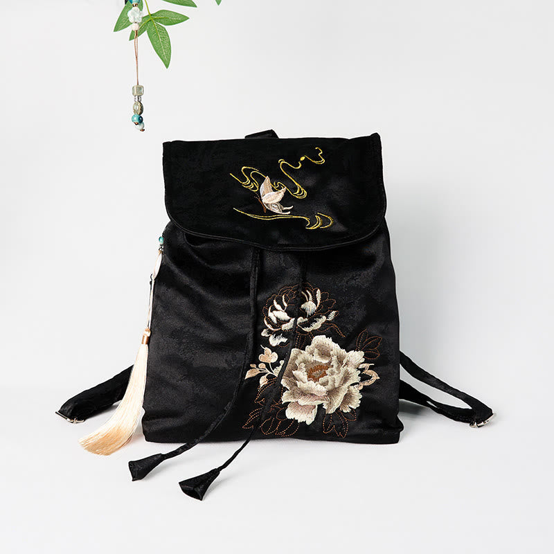 Geräumiger Rucksack mit schwarzer Pfingstrose-Stickerei für Meditationszubehör