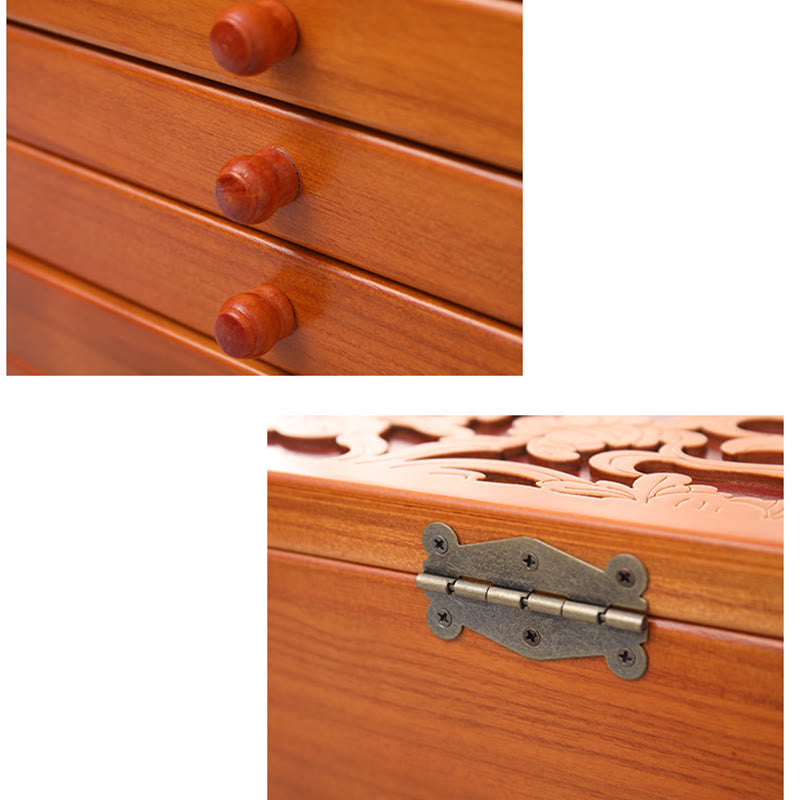 Geräumige sechslagige Vintage-Schmuckschatulle aus Holz mit Blumenmuster