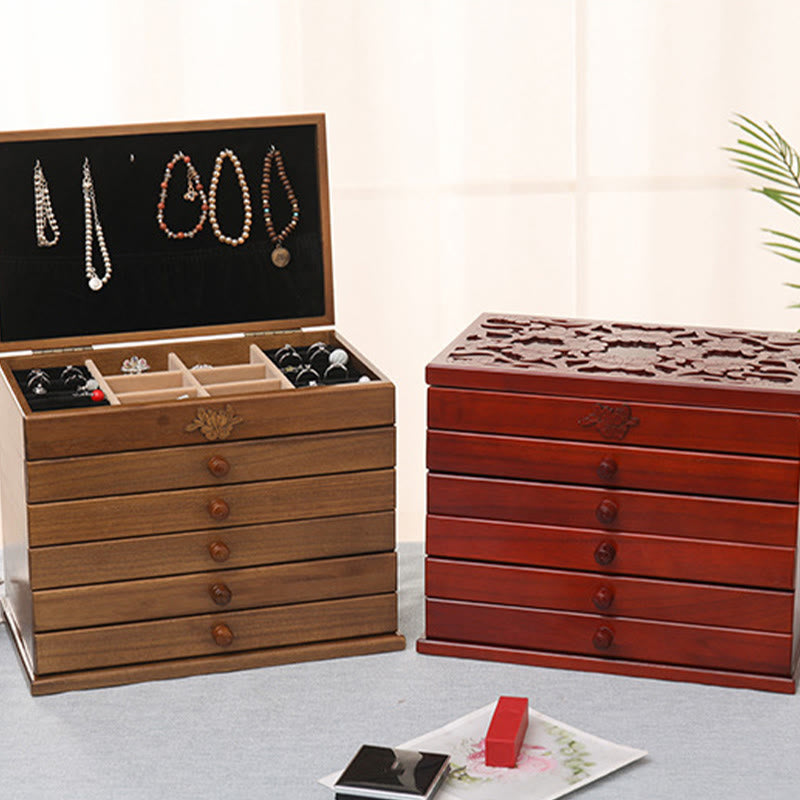 Geräumige sechslagige Vintage-Schmuckschatulle aus Holz mit Blumenmuster