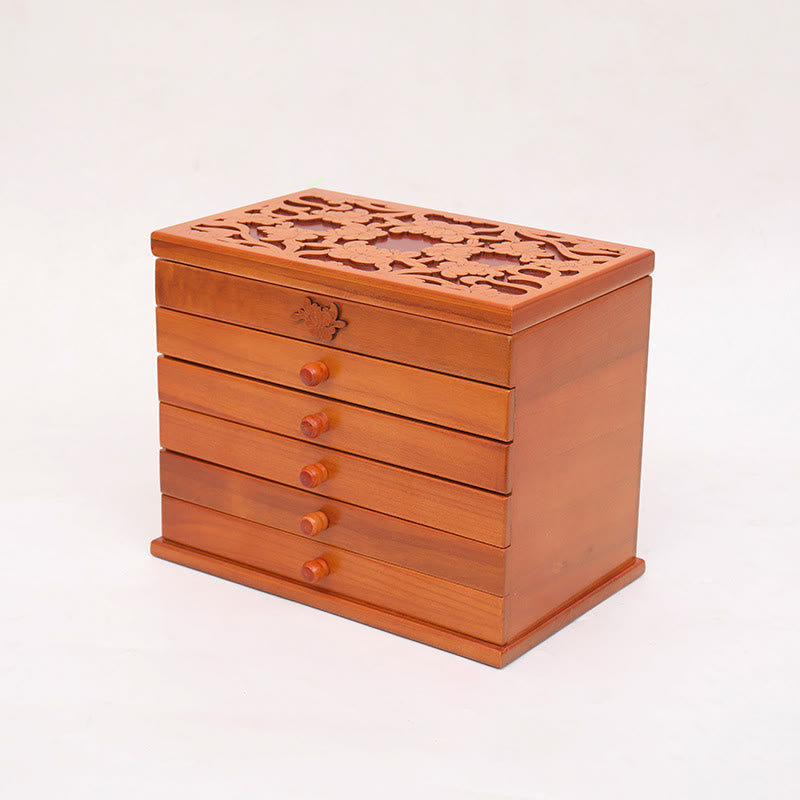 Geräumige sechslagige Vintage-Schmuckschatulle aus Holz mit Blumenmuster