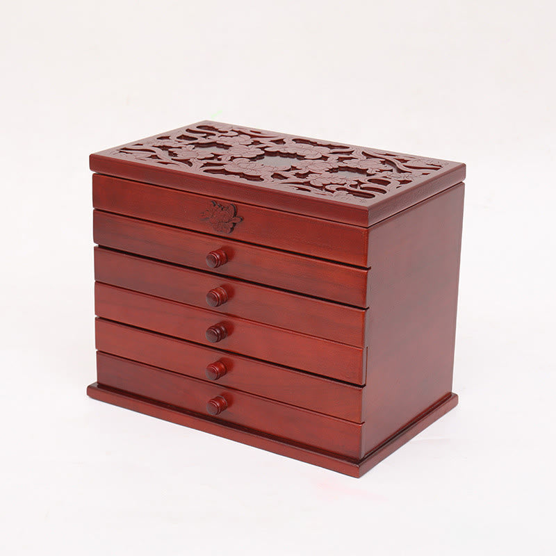 Geräumige sechslagige Vintage-Schmuckschatulle aus Holz mit Blumenmuster