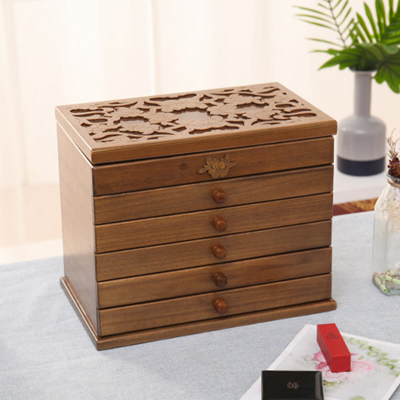 Geräumige sechslagige Vintage-Schmuckschatulle aus Holz mit Blumenmuster