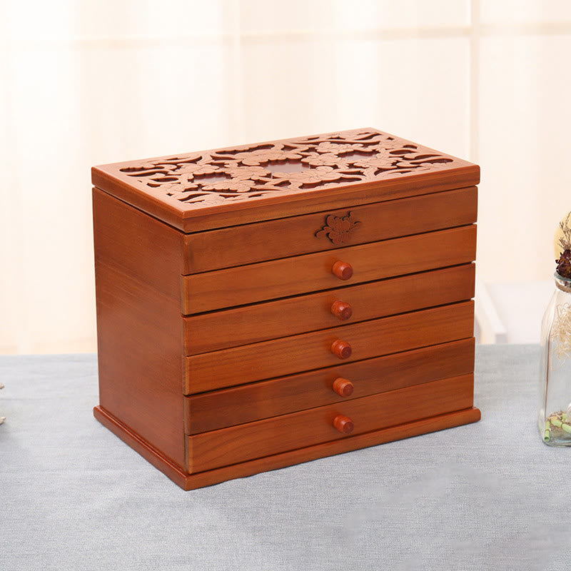 Geräumige sechslagige Vintage-Schmuckschatulle aus Holz mit Blumenmuster