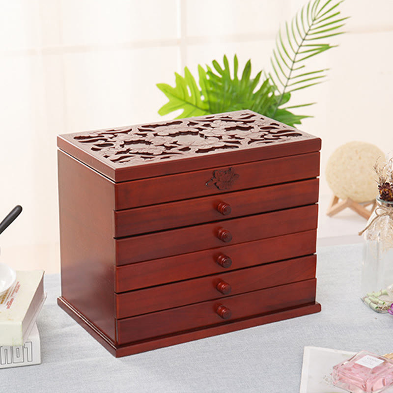 Geräumige sechslagige Vintage-Schmuckschatulle aus Holz mit Blumenmuster