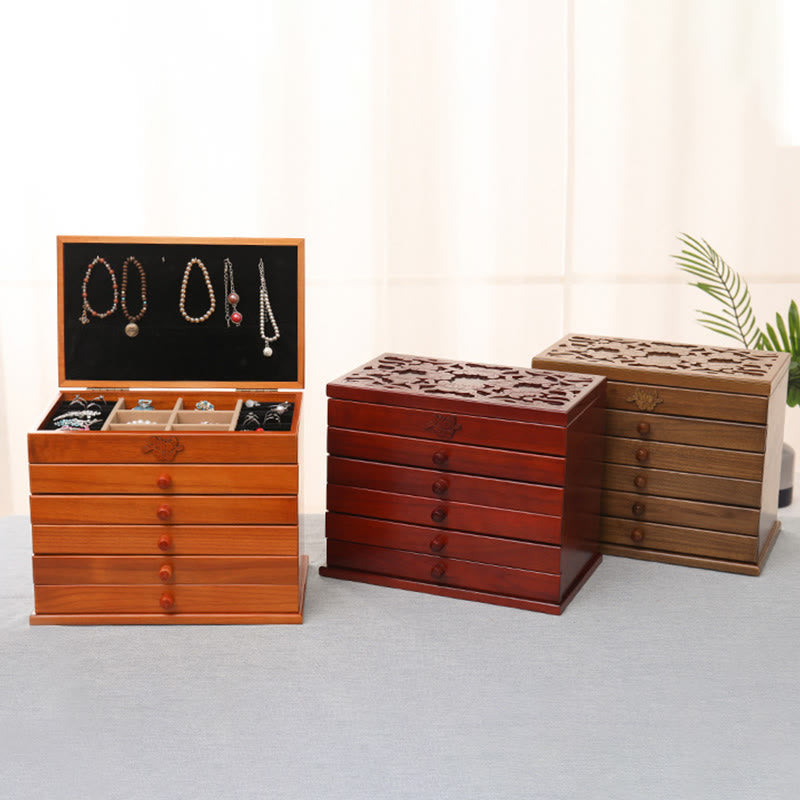 Geräumige sechslagige Vintage-Schmuckschatulle aus Holz mit Blumenmuster