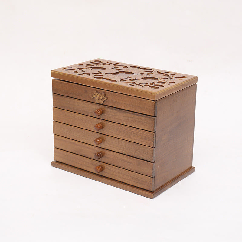 Geräumige sechslagige Vintage-Schmuckschatulle aus Holz mit Blumenmuster