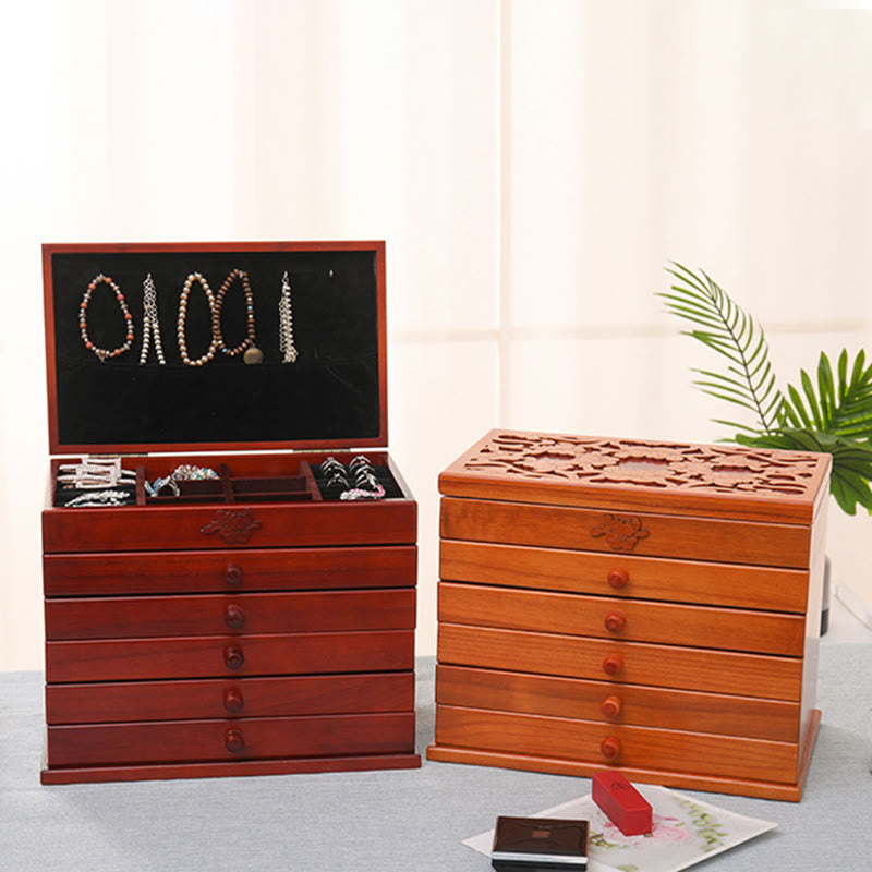Geräumige sechslagige Vintage-Schmuckschatulle aus Holz mit Blumenmuster
