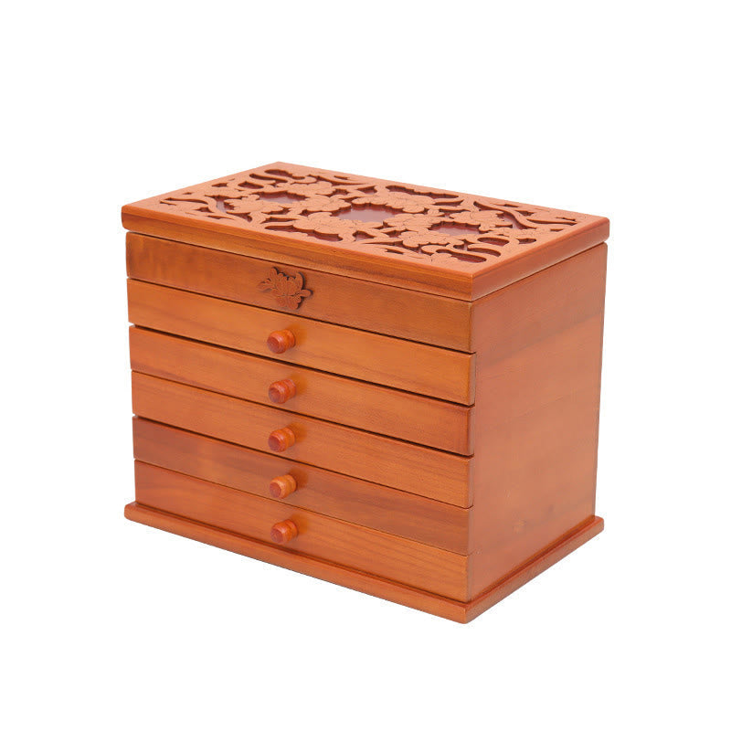 Geräumige sechslagige Vintage-Schmuckschatulle aus Holz mit Blumenmuster