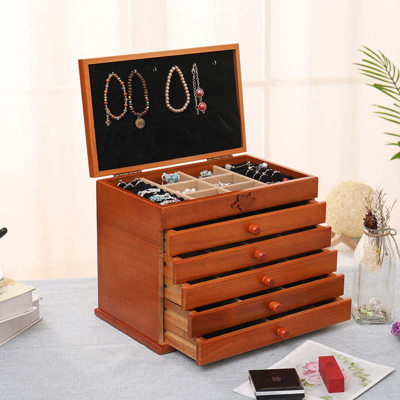 Geräumige sechslagige Vintage-Schmuckschatulle aus Holz mit Blumenmuster