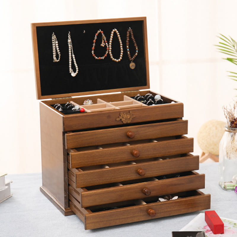 Geräumige sechslagige Vintage-Schmuckschatulle aus Holz mit Blumenmuster
