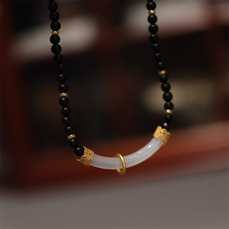 Sterling Silber Schwarzer Onyx Chalcedon Schutz Halskette