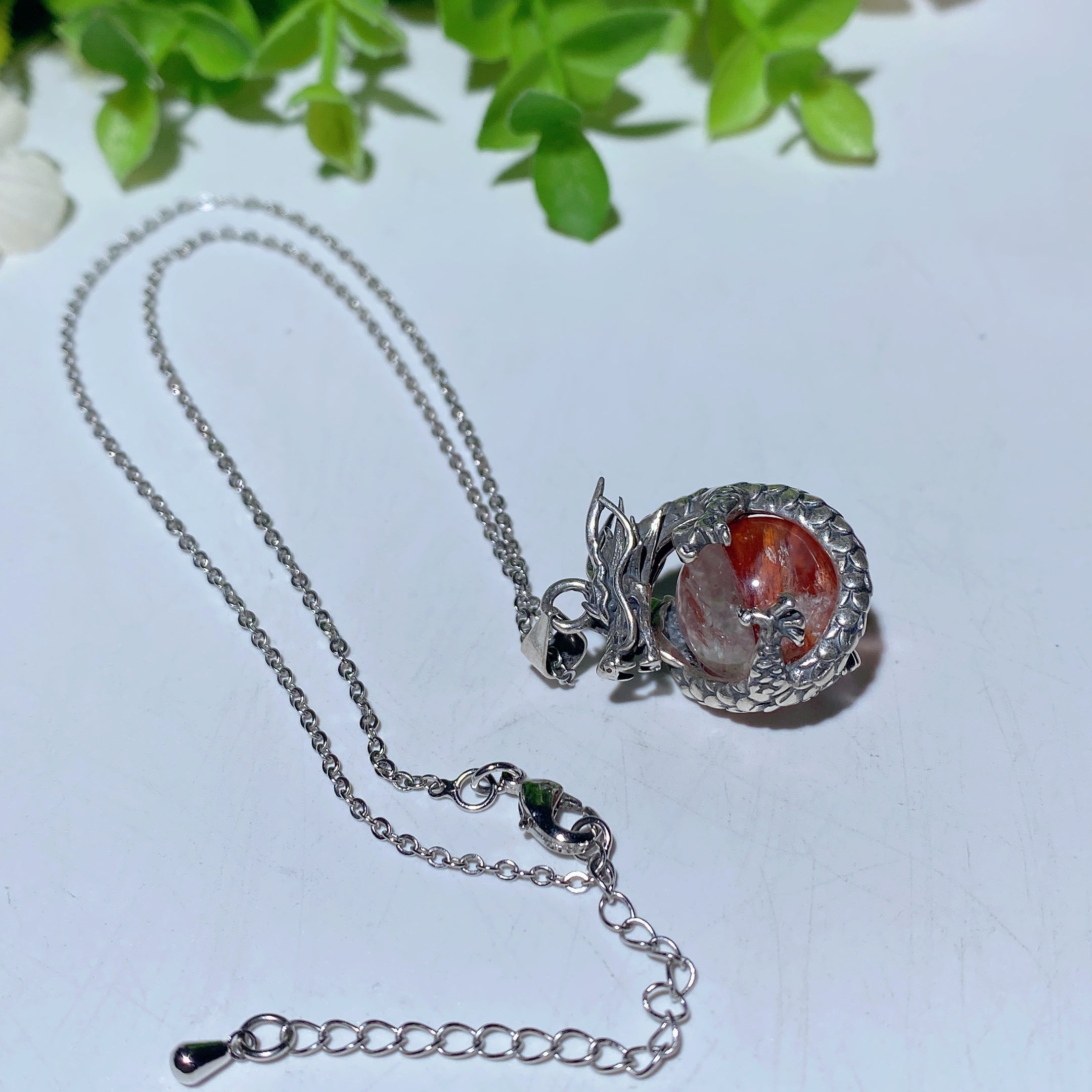 Sterling Silver Dragon Necklace with Blue Topaz or Fire Quartz Crystal