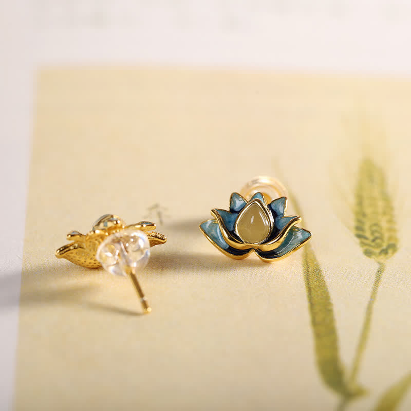 Sterling Silber Hetian Cyan Jade Lotus Blume Erfolg Ohrringe