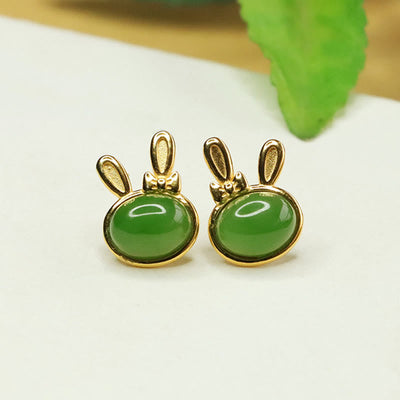 Ohrstecker aus Sterlingsilber mit Hetian-Cyan-Jade und Kaninchenmotiv