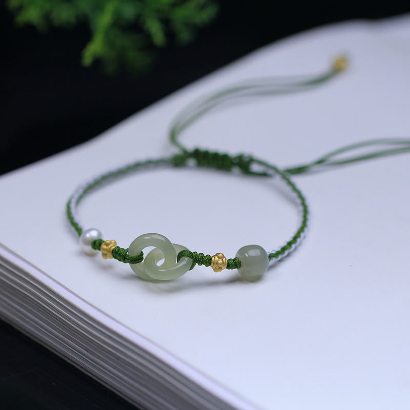 Sterling Silber Hetian Jade Doppelte Peace Schnalle Geflochtenes Armband