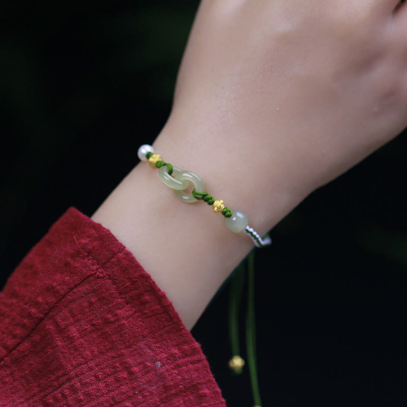 Sterling Silber Hetian Jade Doppelte Peace Schnalle Geflochtenes Armband