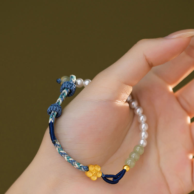 Glücksarmband aus Hetian-Jade aus Sterlingsilber mit Pfirsichblüte und Perlen