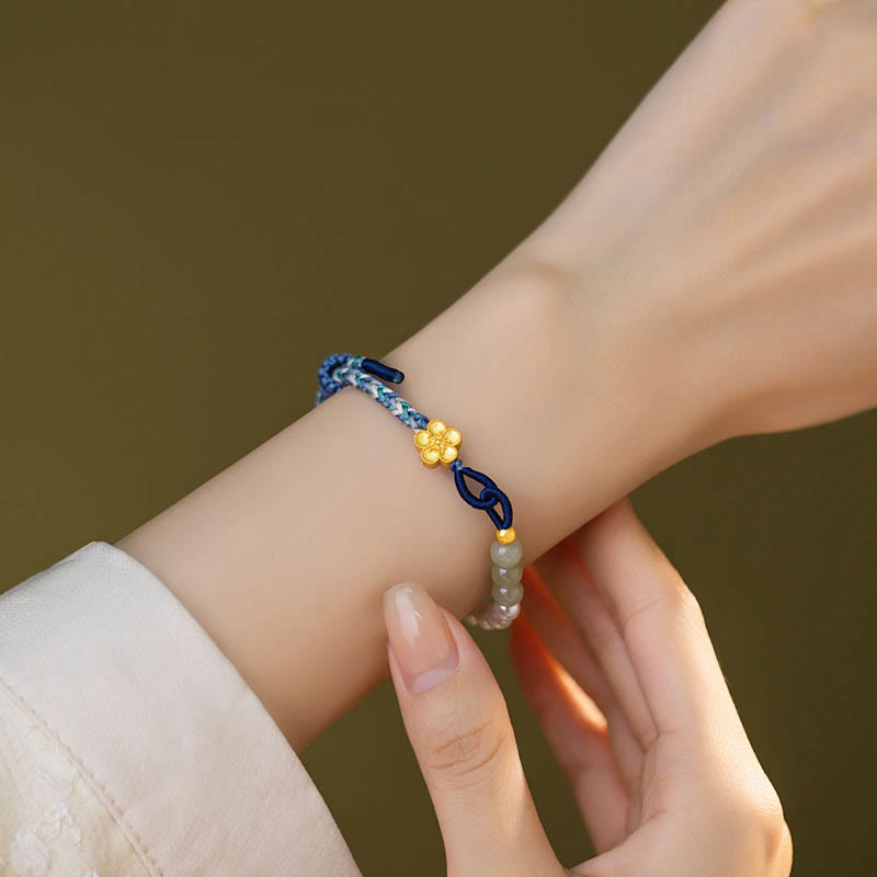 Glücksarmband aus Hetian-Jade aus Sterlingsilber mit Pfirsichblüte und Perlen