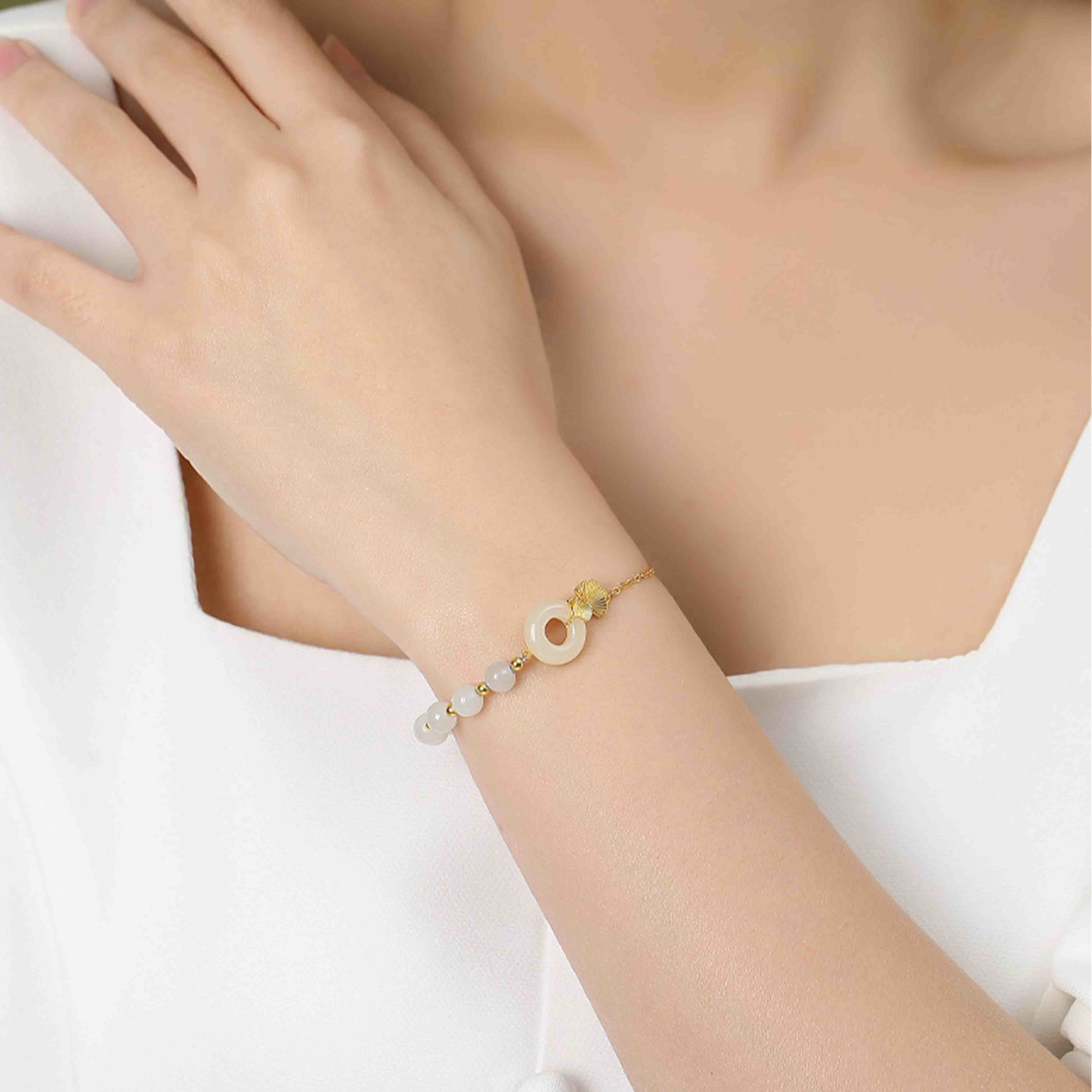 Sterling Silber Hetian Weiß Jade Peace Schnalle Glück Armband