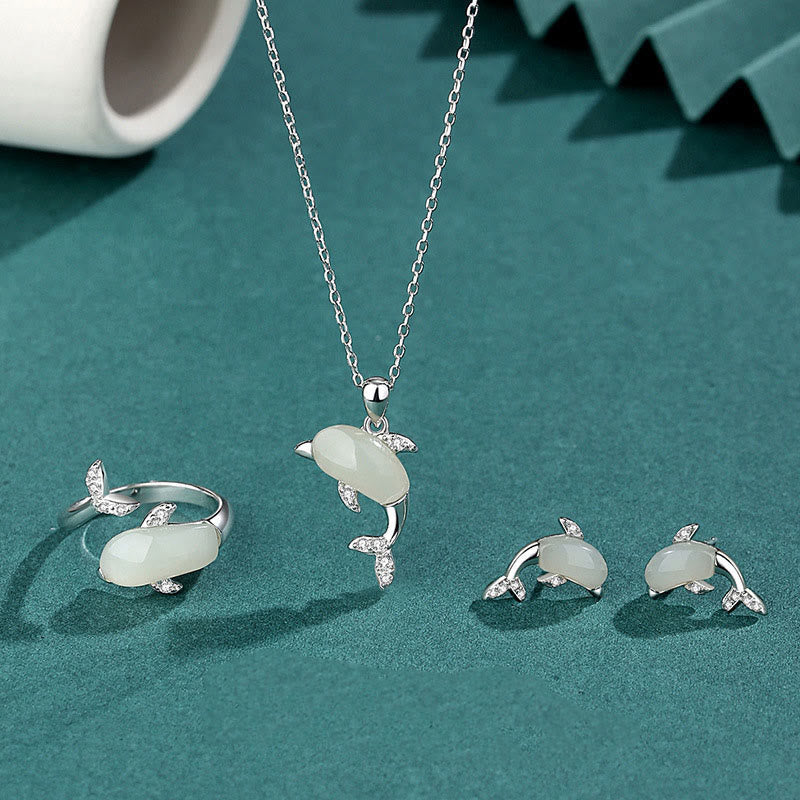 Jade-Halskettenset aus Sterlingsilber mit Anhänger, Ring und Ohrringen