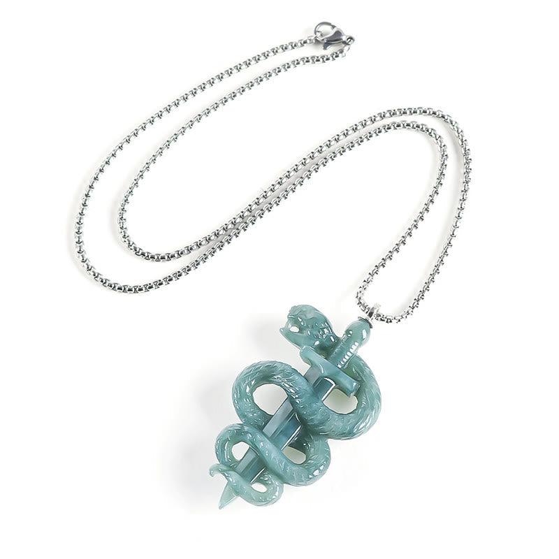 Halskette aus Sterlingsilber mit Jade-Schlangenschwert für Glück und Schutz