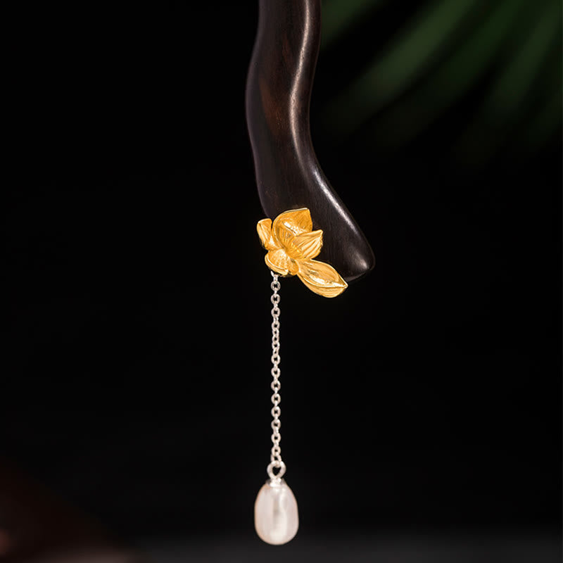 Haarnadel aus Sterlingsilber mit Lotusblüte und Quaste aus Ebenholzperlen