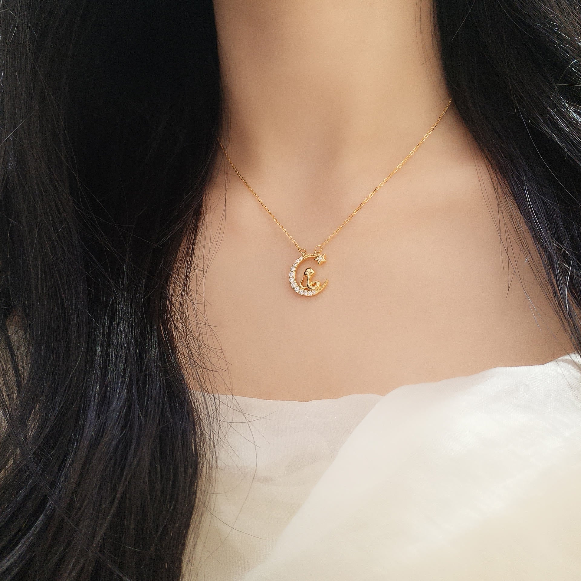 Sterling Silber Mond Schlange Anhänger mit Zirkonia für Segen